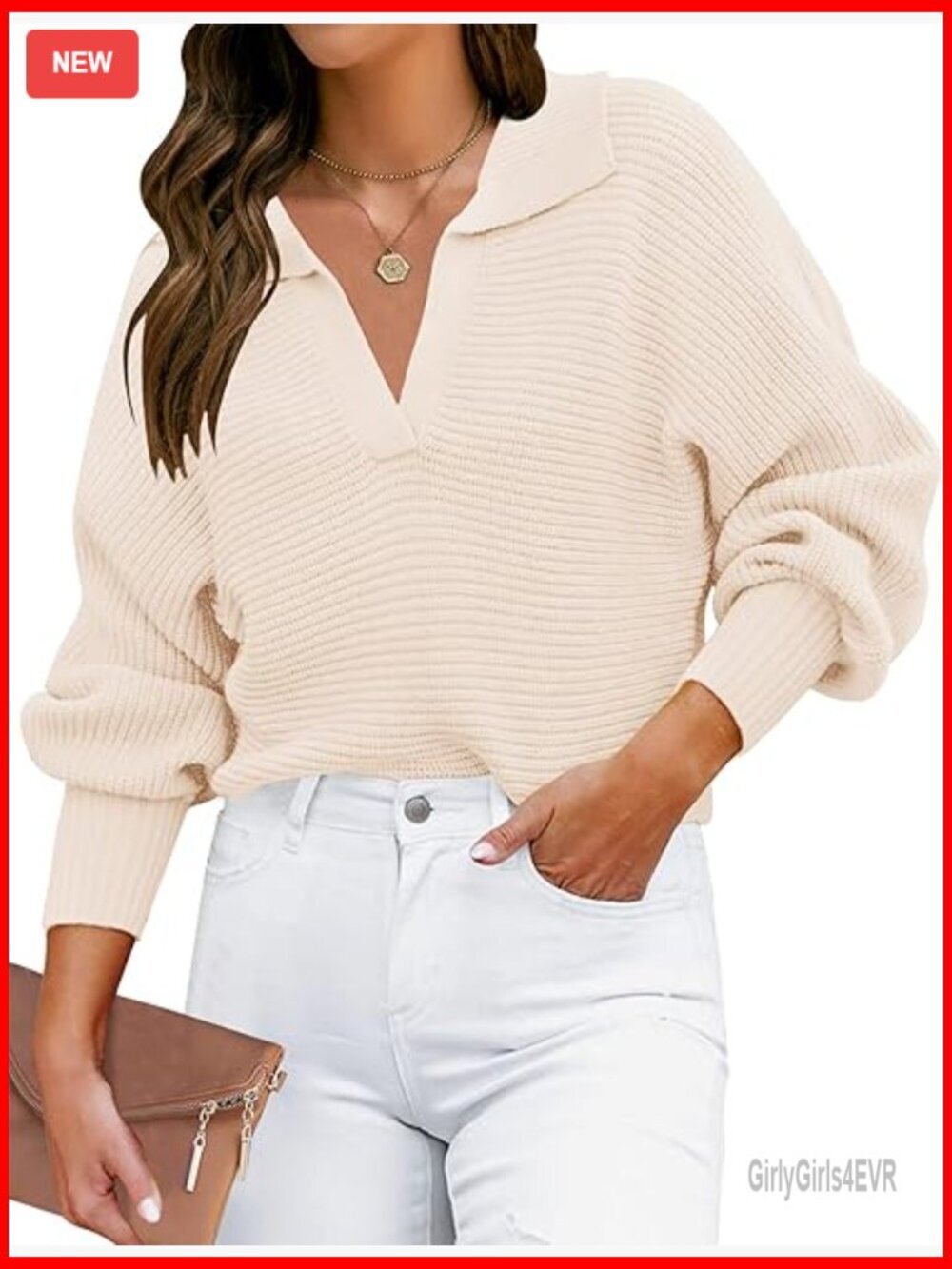 V Neck Long Sleeve Ribbed Knit Loose Pullover Sweater Jumper Top